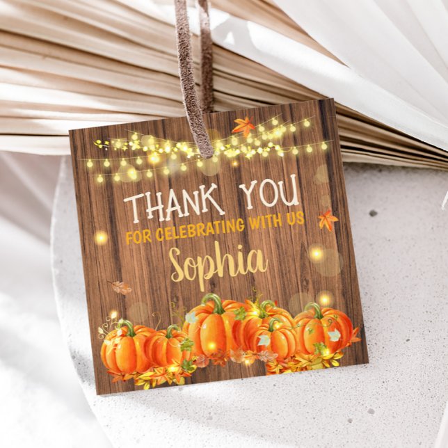 Étiquettes Cadeau Automne Rustique Citrouille Patch Anniversaire Car (Autumn Rustic Pumpkin Patch String Lights Birthday Square Favor Tags)