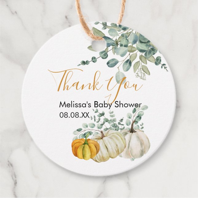 Étiquettes Cadeau Automne rustique orange citrouille verdure Merci (Devant)