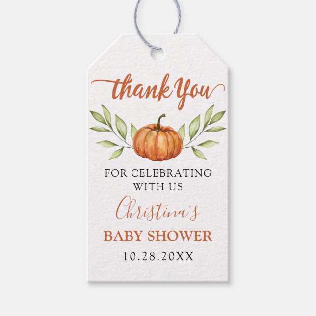 Étiquettes-cadeau Automne verdure Citrouille Baby shower Merci (Devant)