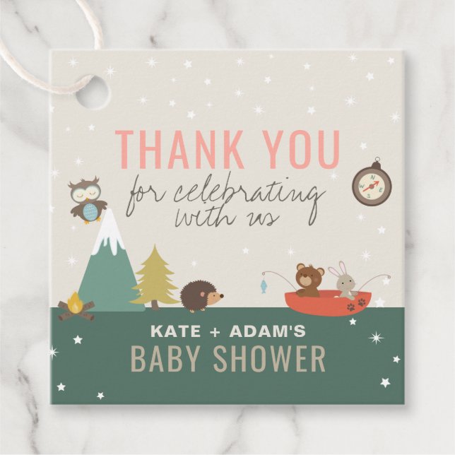 Étiquettes Cadeau Aventure Woodland fille Baby shower Merci (Devant)