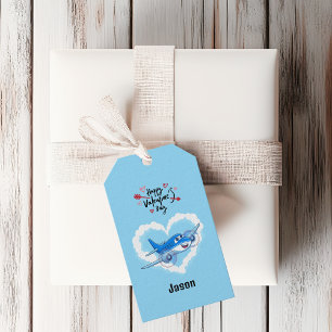 Étiquettes-cadeau Avion bleu mignon et nuages, Saint-Valentin pour e