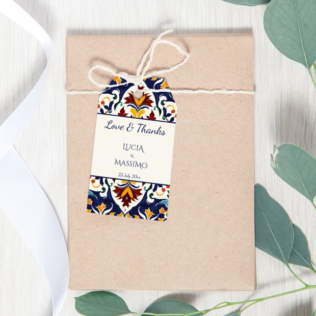 Étiquettes-cadeau Azulejo bleu mariage méditerranéen imprimé en fave (Azulejo blue colorful talavera folk pattern tiles Mediterranean wedding printed favor Gift Tags)