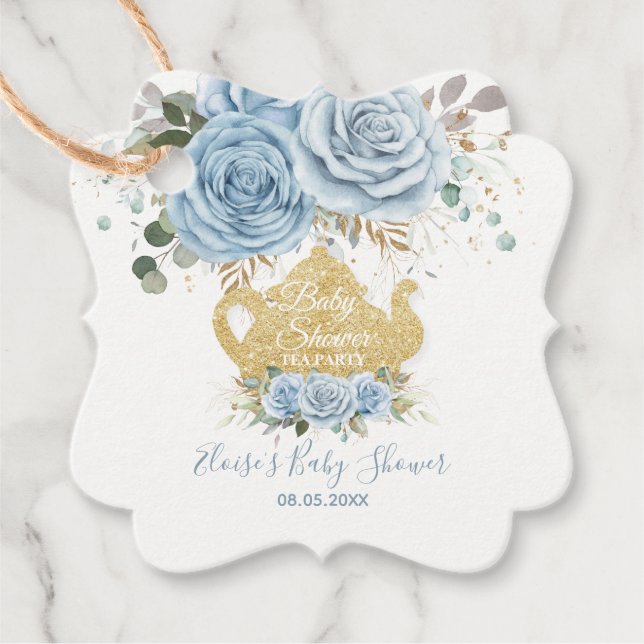 Étiquettes Cadeau Baby Blue Floral Tea Party Baby shower Merci (Devant)