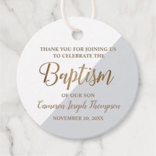 Étiquettes Cadeau Baby Boy Baptism personnalisé Merci gris or