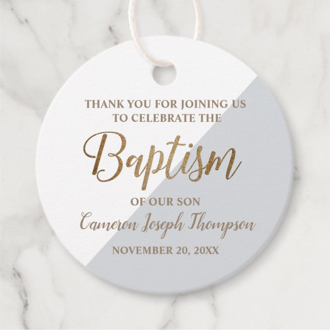 Étiquettes Cadeau Baby Boy Baptism personnalisé Merci gris or (Devant)