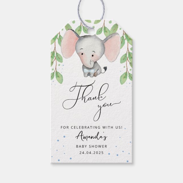 Étiquettes-cadeau Baby Boy Douche verdure Elephant Merci (Devant)