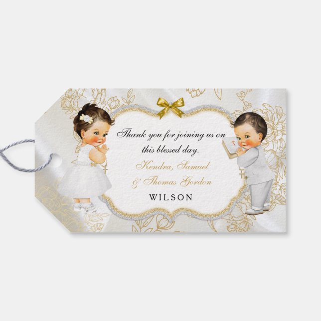 Étiquettes-cadeau Baby Boy Girl Twins Baptême Christening Gold Cross (Dos (Horizontal))