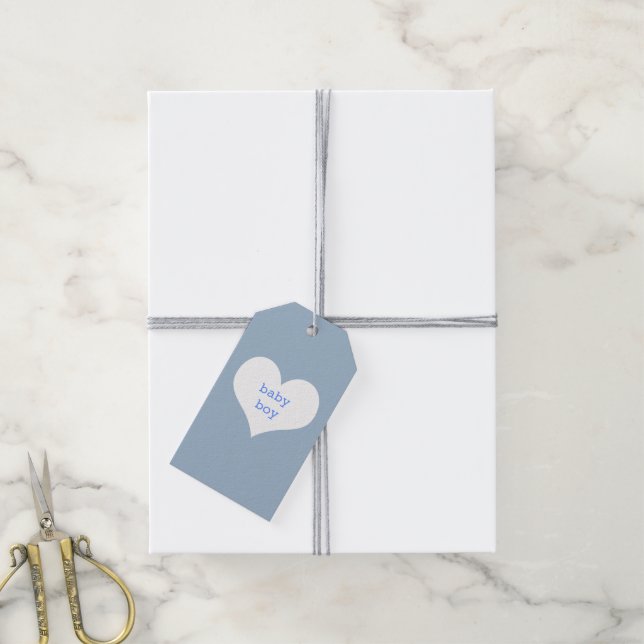 Étiquettes-cadeau Baby Boy Pastel Bleu et Coeur Blanc (Avec de la ficelle)