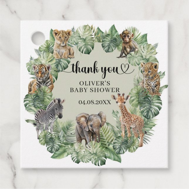 Étiquettes Cadeau Baby Boy Tropical Jungle Safari Animaux Douche (Devant)