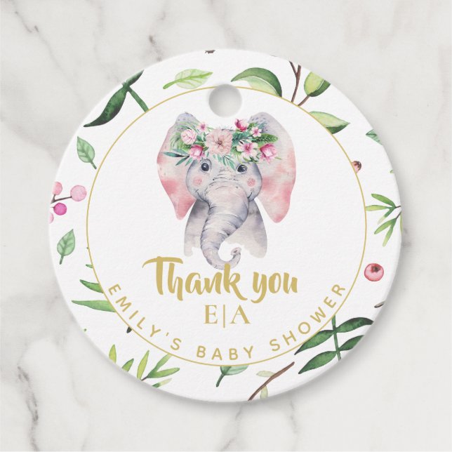 Étiquettes Cadeau Baby Elephant Monogramme rose Merci floral Favoris (Devant)
