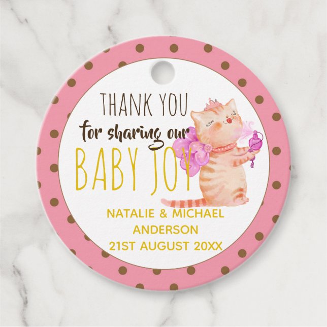Étiquettes Cadeau Baby Girl 1er Anniversaire Douche Princesse Chats  (Devant)