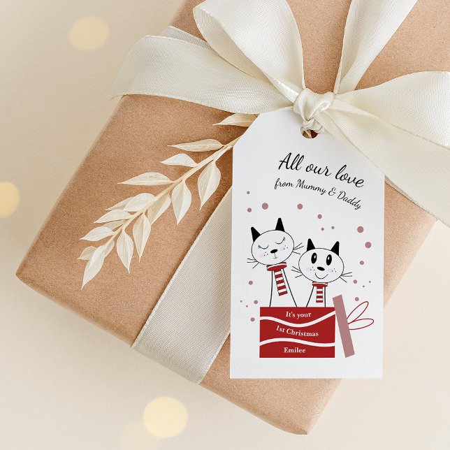 Étiquettes-cadeau Baby Girls First Christmas Cats Rose Red (Créateur téléchargé)
