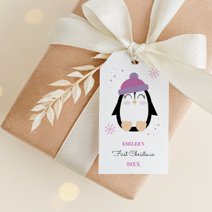 Étiquettes-cadeau Baby Girls First Christmas Winter Penguin rose