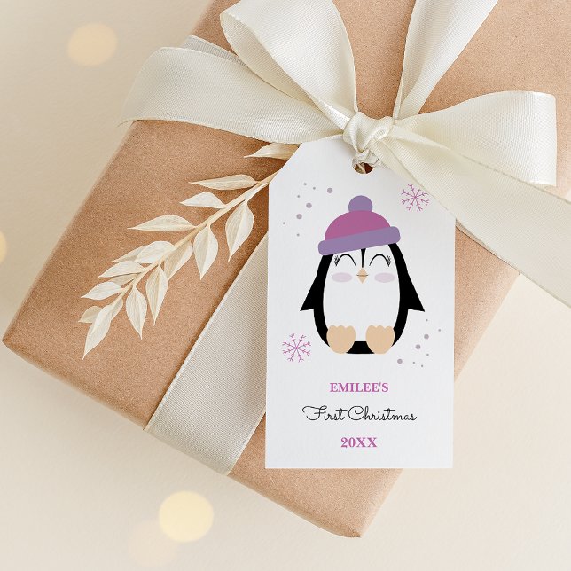 Étiquettes-cadeau Baby Girls First Christmas Winter Penguin rose (Créateur téléchargé)