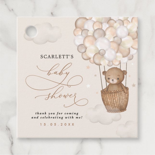 Étiquettes Cadeau Baby shower à ballon à air chaud Pastel Brown Bear (Devant)