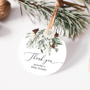 Étiquettes Cadeau Baby shower à feuillage persistant d'hiver