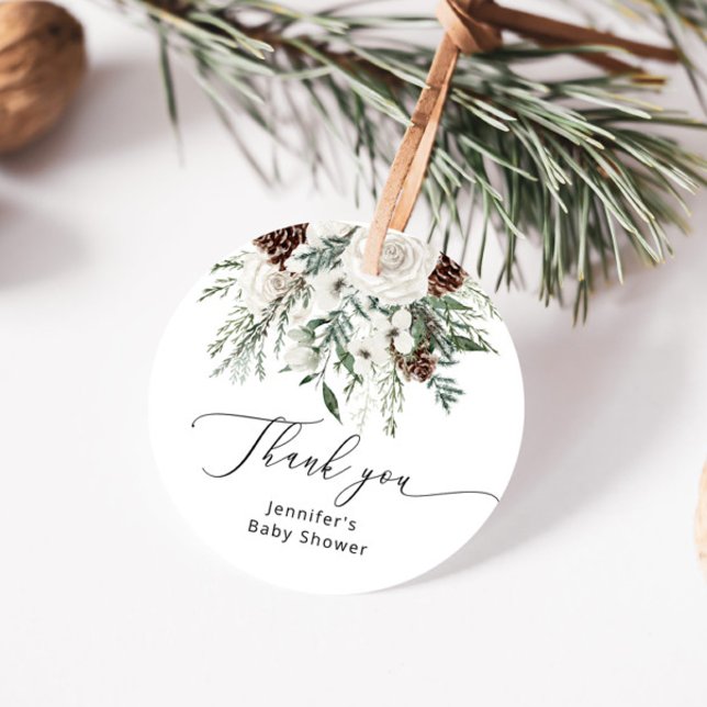 Étiquettes Cadeau Baby shower à feuillage persistant d'hiver (Créateur téléchargé)