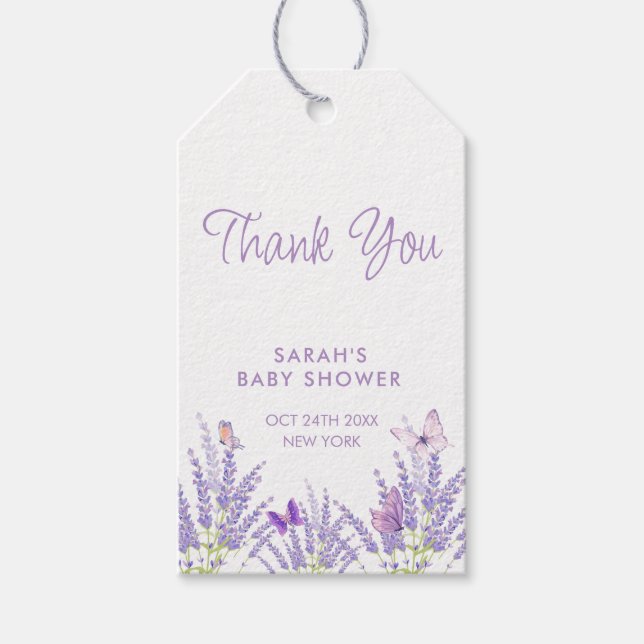 Étiquettes-cadeau Baby shower à papillon de la lavande de prairie (Devant)