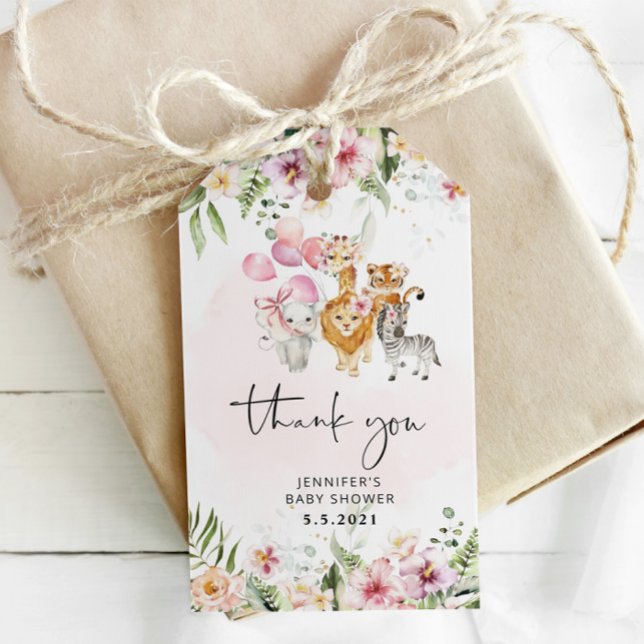 Étiquettes-cadeau Baby shower animal safari rose merci (Créateur téléchargé)