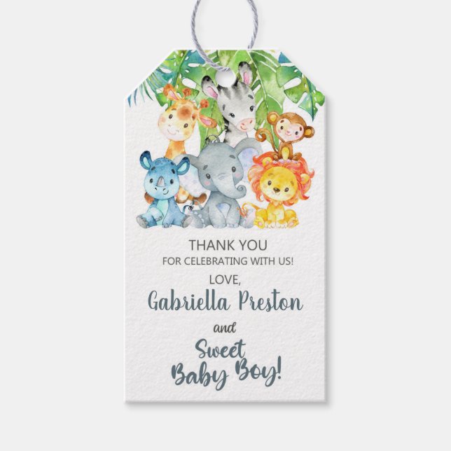 Étiquettes-cadeau Baby shower animaux safari blanc merci étiquettes. (Devant)
