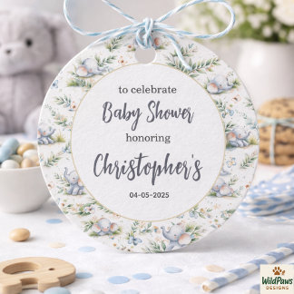 Étiquettes Cadeau Baby-Shower aquarelle éléphant garçon – Safari ble