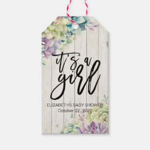 Étiquettes-cadeau Baby shower Aquarelle Succulent Plantes Bois blanc