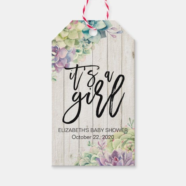 Étiquettes-cadeau Baby shower Aquarelle Succulent Plantes Bois blanc (Devant)