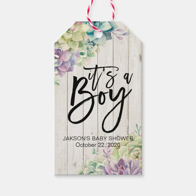 Étiquettes-cadeau Baby shower Aquarelle Succulent Plantes Bois blanc (Devant)