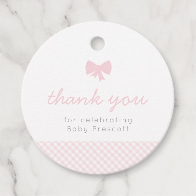 Étiquettes Cadeau baby shower arc rose En vichy (Devant)