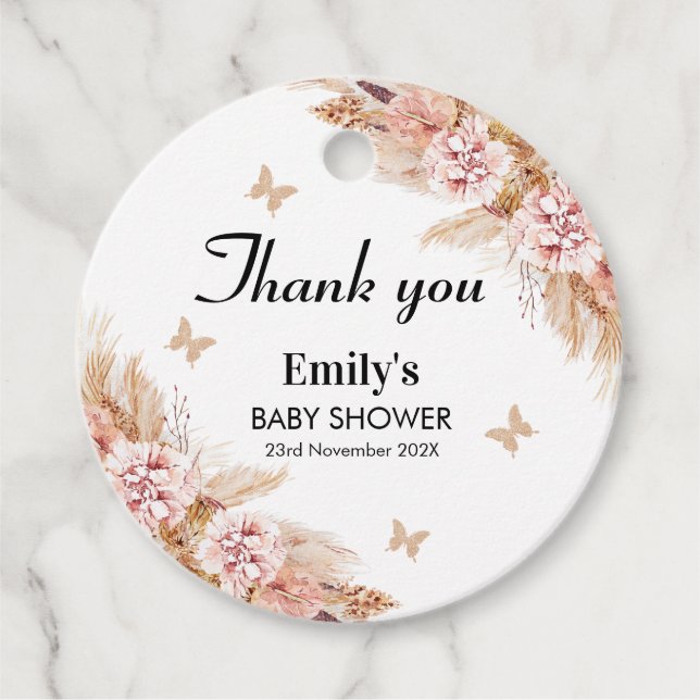 Étiquettes Cadeau Baby shower Baisers à papillon floral Boho Blush (Devant)