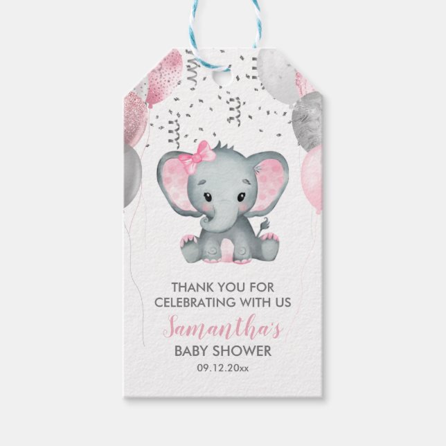 Étiquettes-cadeau Baby shower Ballons roses Eléphant fille mignonne (Devant)