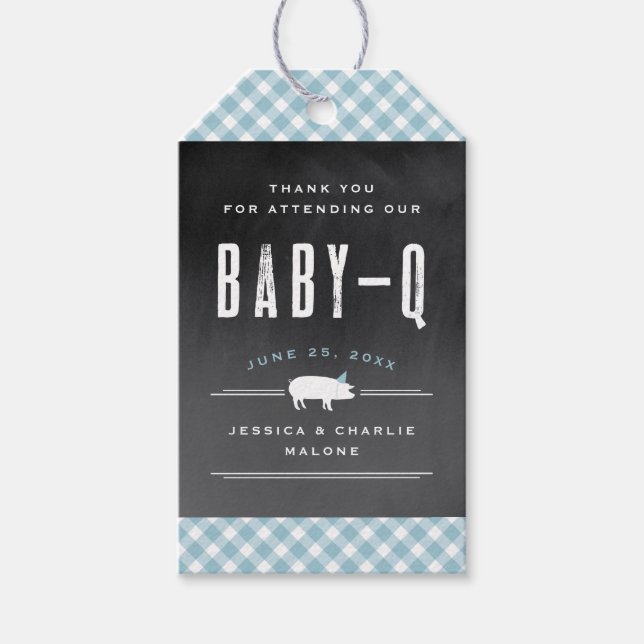 Étiquettes-cadeau baby shower BBQ Bleu En vichy bébé (Devant)