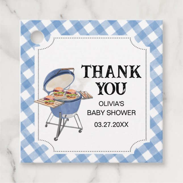 Étiquettes Cadeau Baby shower BBQ Burger Bleu (Devant)