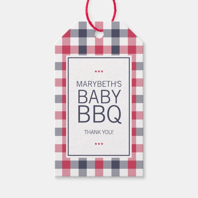 Étiquettes-cadeau Baby shower BBQ préppy rouge, blanc et bleu (Devant)