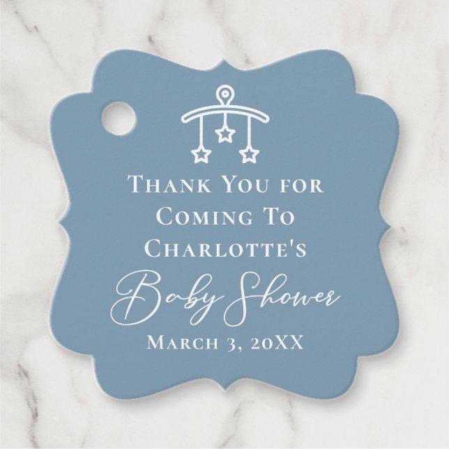 Étiquettes Cadeau Baby shower blanc bleu foncé Personnalisé (Devant)