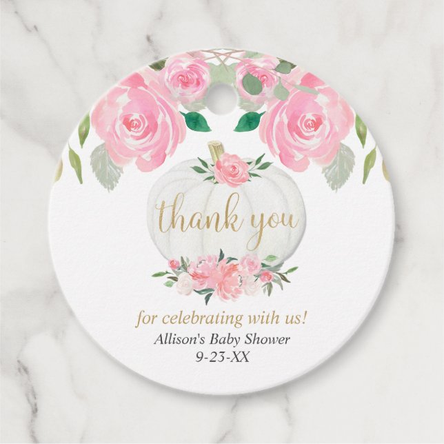 Étiquettes Cadeau Baby shower blanc citrouille rose à fleurs (Devant)