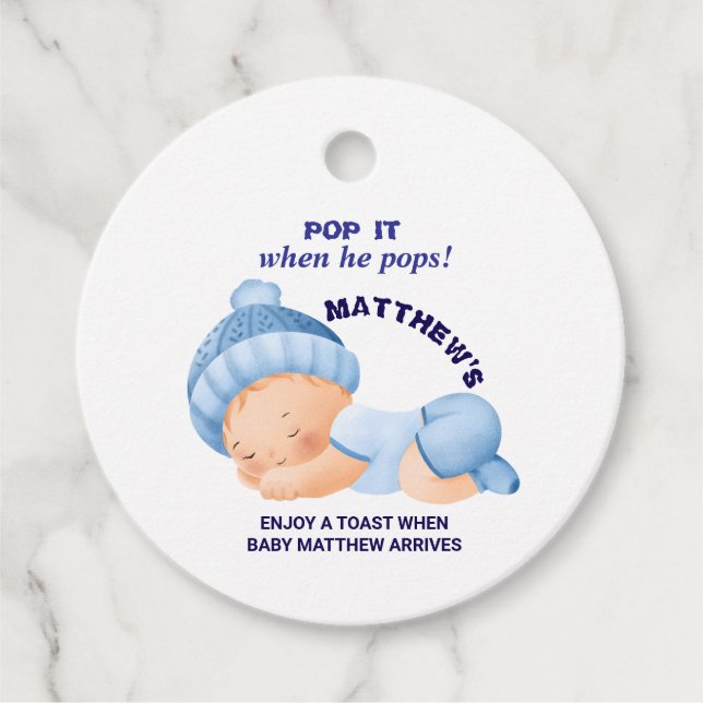 Étiquettes Cadeau Baby Shower Bleu, Baby Shower Garçon (Devant)