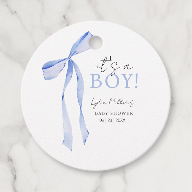 Étiquettes Cadeau Baby shower Bleu Bow Invitation, Baby shower garço (Devant)