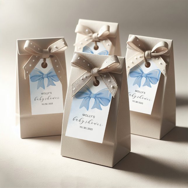 Étiquettes-cadeau Baby shower bleu-duvet en aquarelle (Dusty Blue Watercolor Bow Baby Shower Gift Tags)