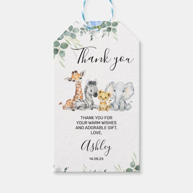 Étiquettes-cadeau Baby shower bleu Floral Safari Merci (Devant)