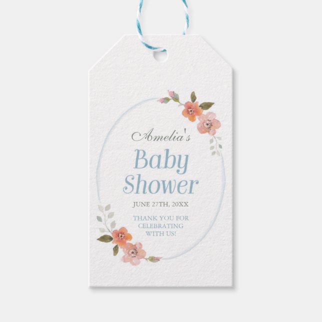 Étiquettes-cadeau Baby shower bleu Merci avec délicieuse florale (Devant)
