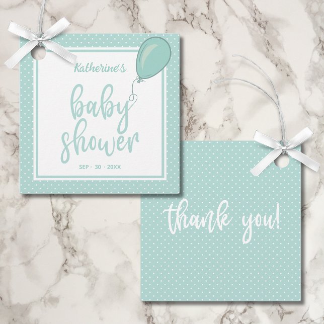 Étiquettes Cadeau Baby shower BOHO Mint vert genre neutre (Baby Shower Favor Tag Gender-Neutral Mint Green Polka Dot with Mother's Name, Date.)