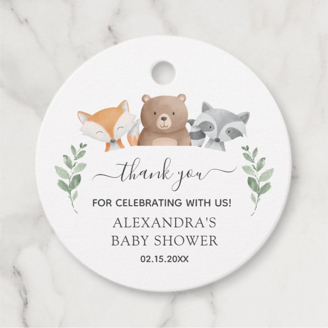 Étiquettes Cadeau Baby shower Bois Animaux Merci (Devant)