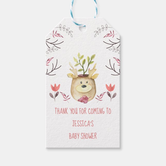 Étiquettes-cadeau Baby shower Bois Cerf Plante Pot Merci (Devant)