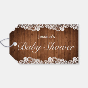 Étiquettes-cadeau Baby Shower Bois Rustique & Dentelle Blanche