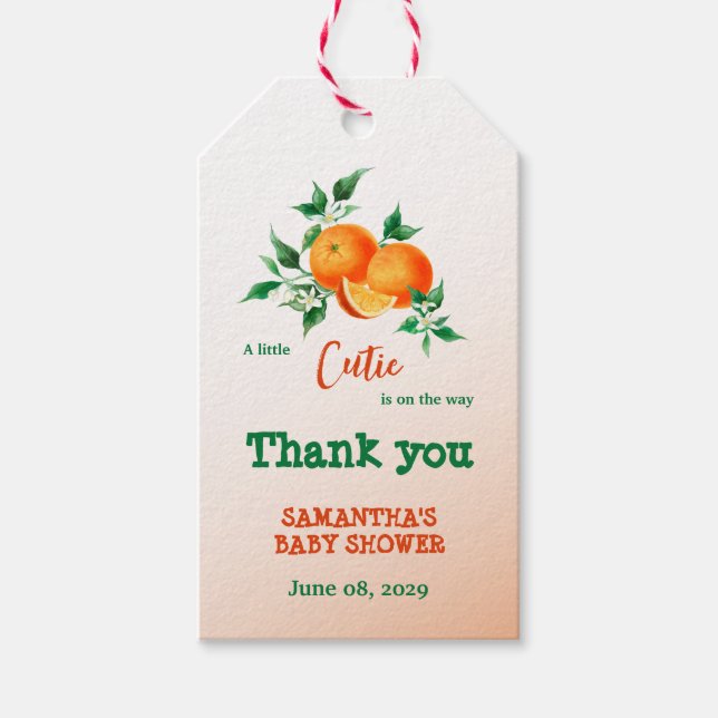 Étiquettes-cadeau Baby shower Botanique Orange Citrus Little Cutie (Devant)