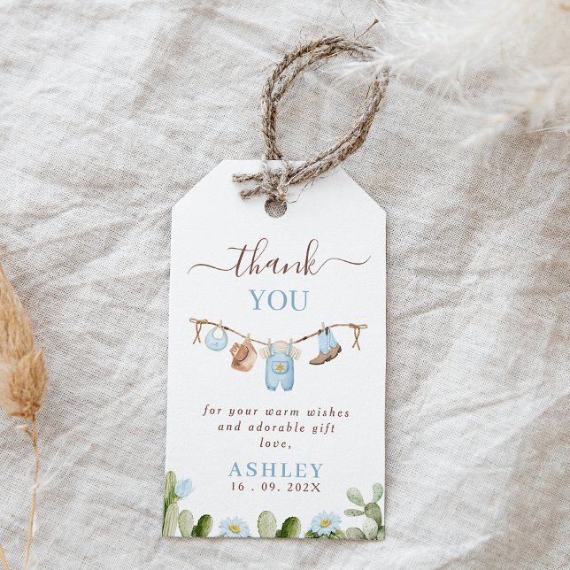 Étiquettes-cadeau Baby shower Cactus Cowboy Cute Blue Clothesline (Cowboy baby shower Thank You Tag, Clothesline Cowboy Baby Shower Gift Tag, Cowboy Themed Blue Brown)