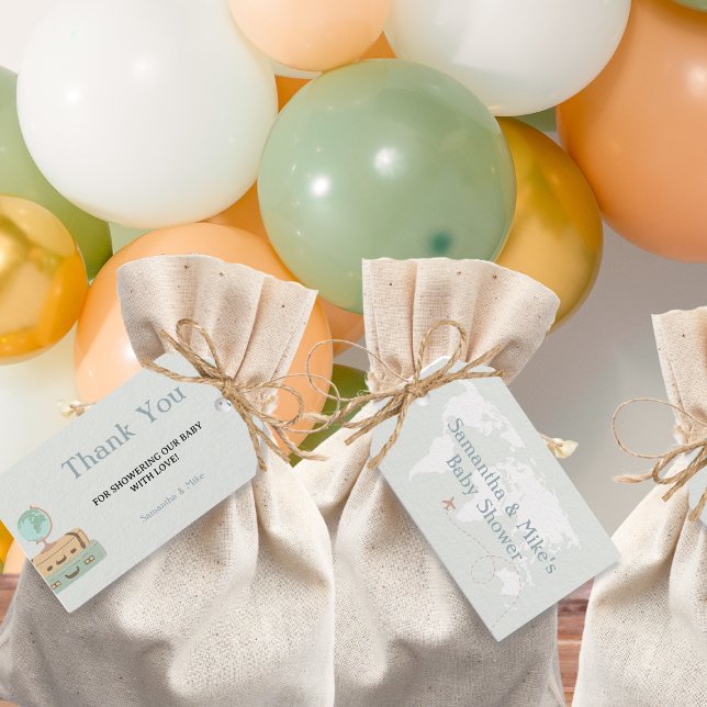 Étiquettes-cadeau Baby shower Carte du monde Merci Adventure (Thank You Adventure World Map Baby Shower Gift Tags)