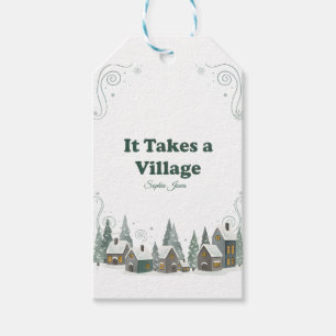 Étiquettes-cadeau Baby Shower Chic Hiver "Il Faut Tout Un Village"