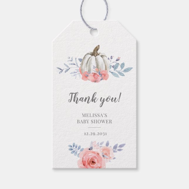 Étiquettes-cadeau Baby shower Citrouille Aquarelle rose Roses Floral (Devant)